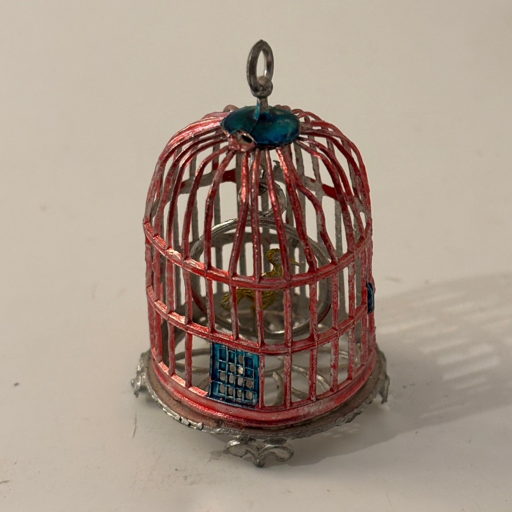 VTG Antique German Dollhouse Miniature Bird Cage Soft Metal Spelter Canary